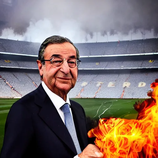 Image similar to high quality picture of florentino perez smoking a cigar, the camp nou burning in the background