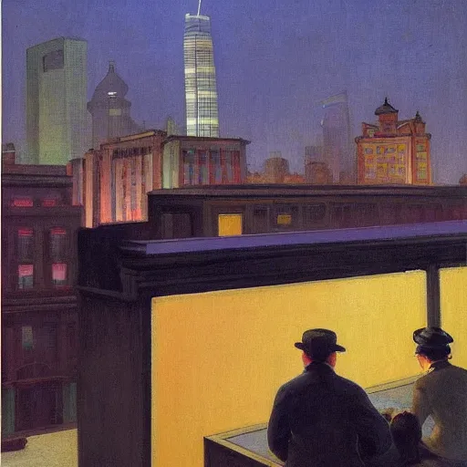 Prompt: a small rooftop with a couple of people sitting and watching the view, shanghai bund is on the background, night, by edward hopper