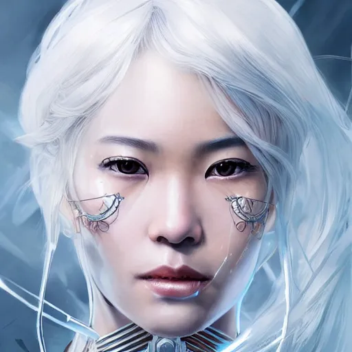 Image similar to ultra realistic illustration of cyborg song hye - kyo, warframe, intricate, utopian city, white hair, elegant, highly detailed, digital painting, artstation, concept art, smooth, sharp focus, illustration, art by artgerm and greg rutkowski and alphonse mucha