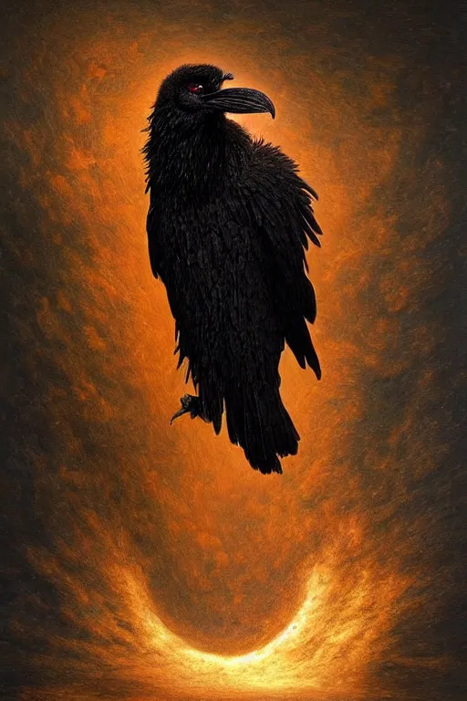 Image similar to Intricate stunning highly detailed raven by agostino arrivabene and Vladimir Kush, surreal sculpture, ultra realistic, Horror, dramatic lighting, full moon, blood moon, thick black swirling particle smoke tornado, fire embers, trending on artstation