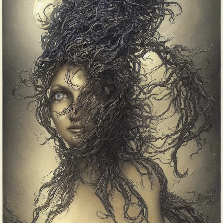 Image similar to beautiful biomechanical moon goddess, flowing hair, intense stare, sweet sarcastic smile, dark blue skin, concept art, realistic oil painting by gustave dore,