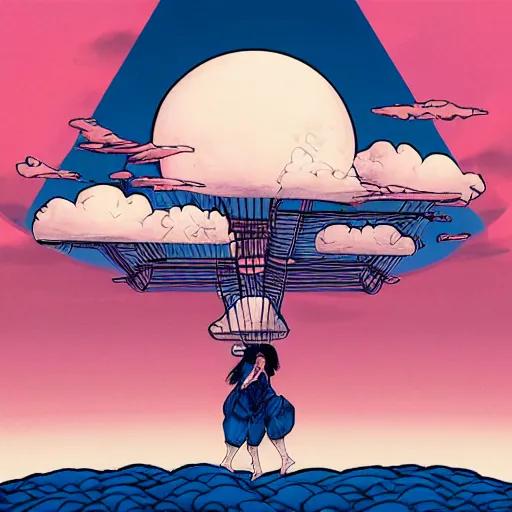 Prompt: crossing through the sky with fluffy pink clouds surrounding it, album art by James Jean