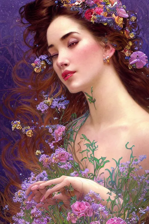 Prompt: closeup portrait of a beautiful mysterious woman wearing flowing gown, holding a bouquet of flowers, hands disappeared under the bouquet, flowing hair, underwater, bubbles from the mouth, fantasy, regal, intricate, art nouveau, swirly intricate linework background by stanley artgerm lau, greg rutkowski, thomas kinkade, alphonse mucha, loish, norman rockwell