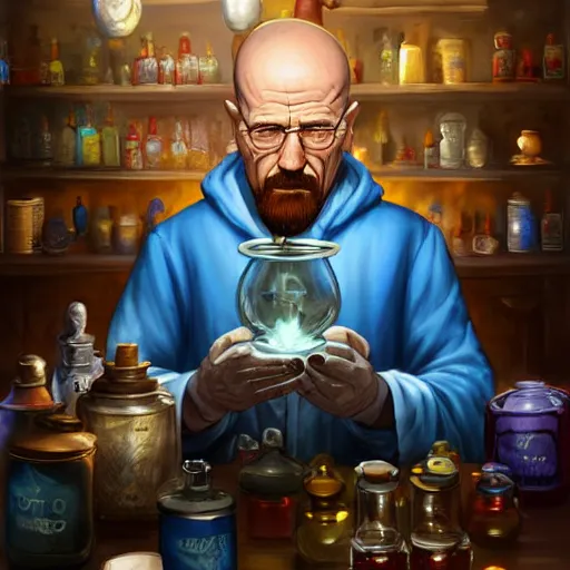 Prompt: Walter White The Alchemist of The Blue Flame Creating the most pure potion, Fantasy Illustration by Tony Sart, Trending on artstation