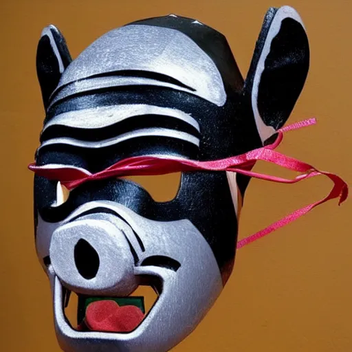 Image similar to samurai mask that looks like a pig wearing crown, winter, snow, depressed, dark