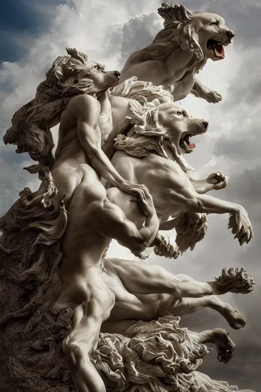 Image similar to Dramatic view of Cerberus statue sculpted on white stained marble by Bernini and kris kuksi, Bastien Lecouffe-Deharme, Maxfield Parrish