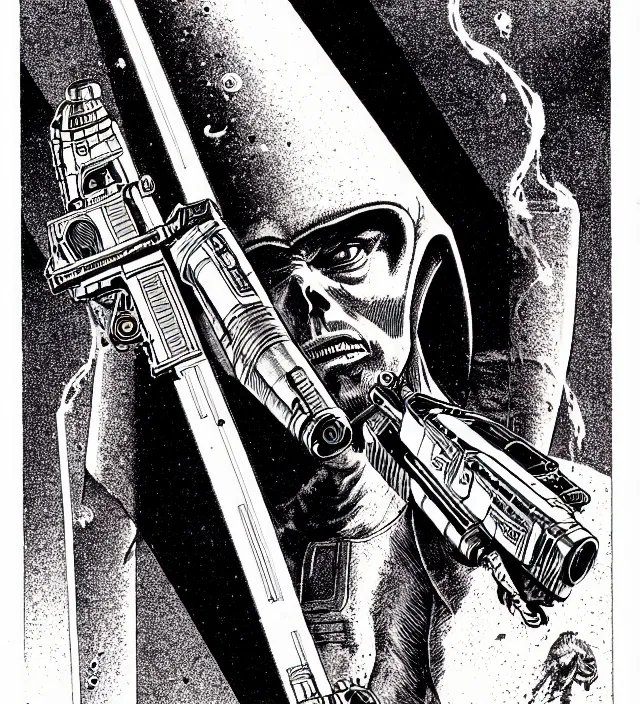 Prompt: a gray alien with a ray pistol, pen - and - ink illustration, etching, by russ nicholson, david a trampier, larry elmore, 1 9 8 1, hq scan, intricate details, high contrast, no background