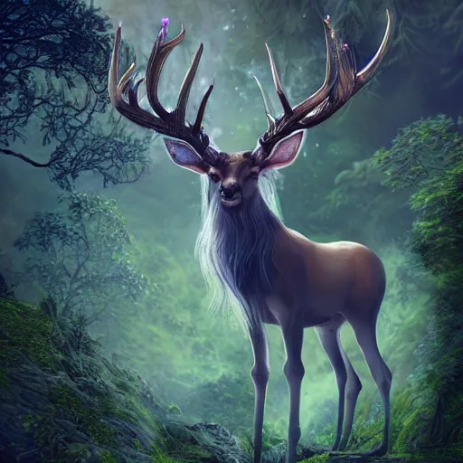 Image similar to beautiful elven celestial stag. beautiful highly detailed forest background. green and blue light. accurate, sci - fi concept art, intricate, elegant, long shot 8 k rendering.