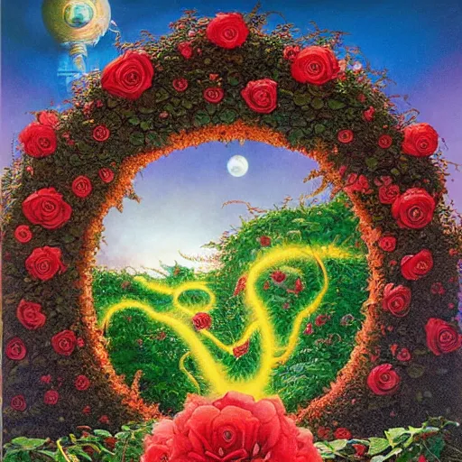 Image similar to a portal with vines and roses on the outside by kilian eng, chris foss, rodney matthews, robert mccall, jacek yerka and vladimir kush, oil on canvas