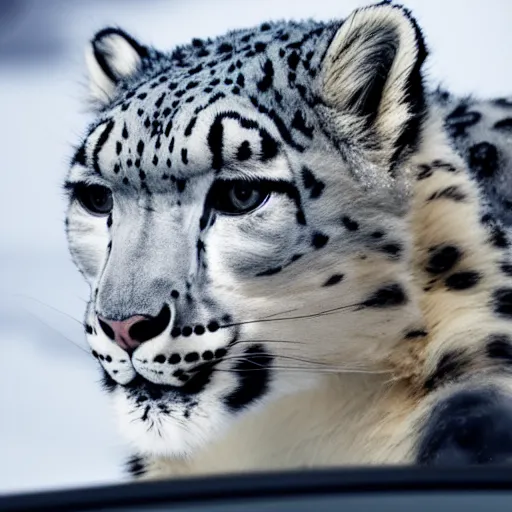 Image similar to snow leopard driving a car, professional photo