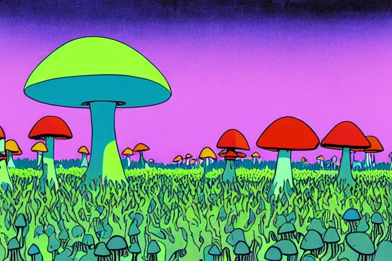 Image similar to a psychedelic illustration of a field of mushrooms, flat colors, limited palette in FANTASTIC PLANET La planète sauvage animation by René Laloux