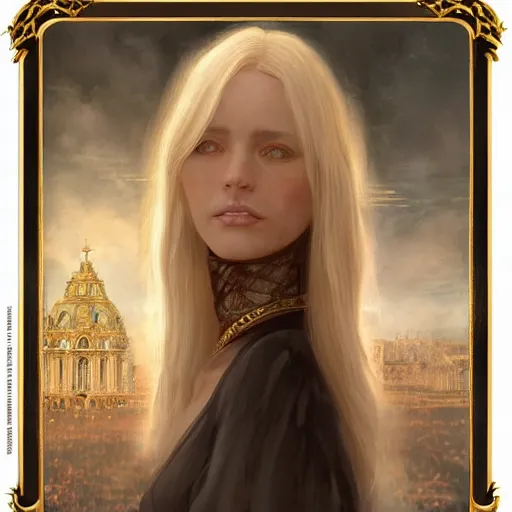 Prompt: a french lady with blonde hair and a beautiful face in a fantasy versailles, symmetric face, hyperrealism, epic fantasy digital art, fantasy style art, by Greg Rutkowski, fantasy magic the gathering card art style