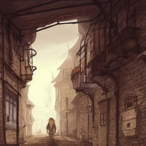 Image similar to medieval town street, gloomy, abandoned, crumbling, dilapidaed, concept art, artstation, illustration