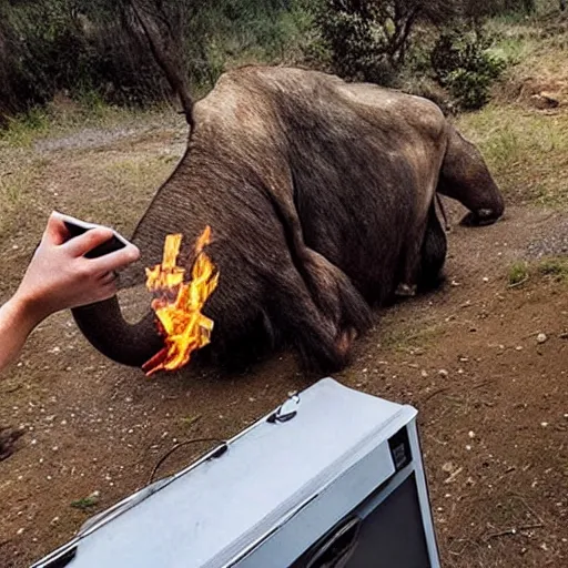 Image similar to “color photo of a Neanderthal with no cloth man taking an iPhone photo of a mammoth cooking on the grill, National Geographic , anthropology photo”