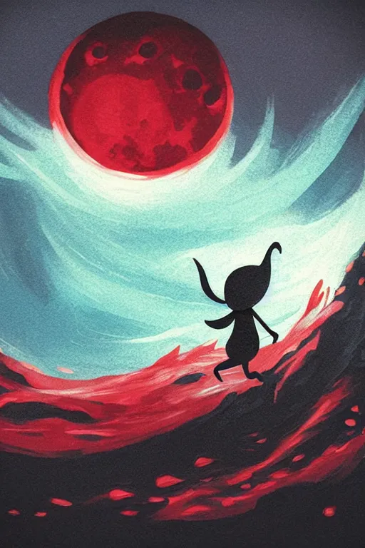 Prompt: creature looking at the sea with a red moon reflecting in the waves, night, low angle, in the style of Hollow Knight
