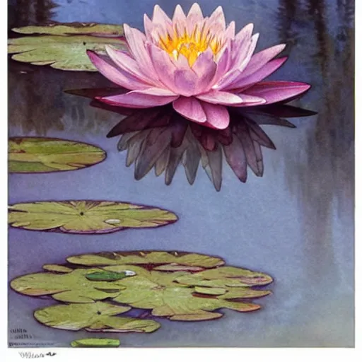 Image similar to a beautifull intricate watercolor painting of water lilies, reflexions, verry high details by william turner art, greg rutkowski and alphonse mucha, trending on artstation, very very detailed, masterpiece, - h 7 0 4