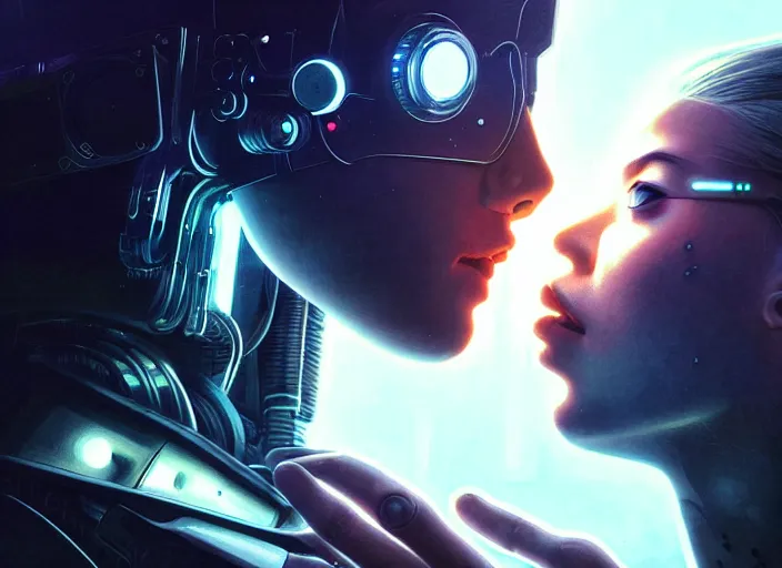 Image similar to ultra realistic medium shot of a couple of cyborgs kissing, lovers, cyberpunk, sci - fi, kodak, faces, colour led, soft light, volumetric lighting, fog, rays, night, intricate detailed, digital painting, concept art, smooth, sharp focus, illustration, art by artgerm and greg rutkowski and alphonse mucha