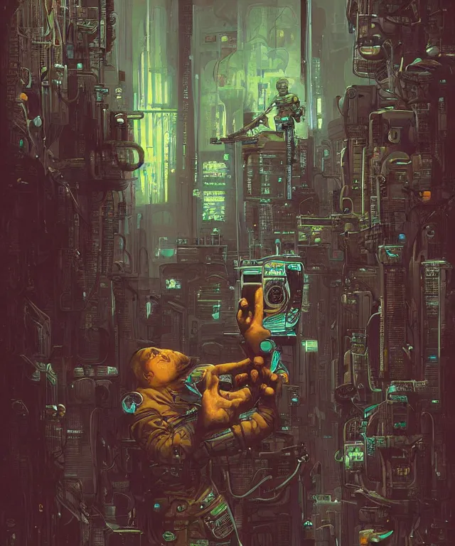 Image similar to a painting of a man holding a machine in his hands, cyberpunk art by les edwards and by michael whelan and by dan mumford, cgsociety, neoplasticism, lovecraftian, future tech, circuitry