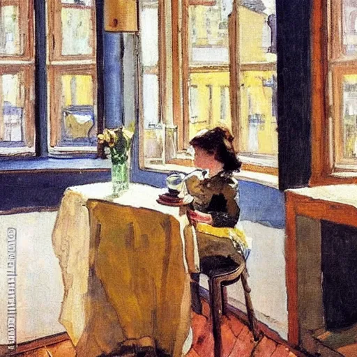 Prompt: a girl with iphones on a table sits at a table in a sunny room, the window is open, by valentin serov