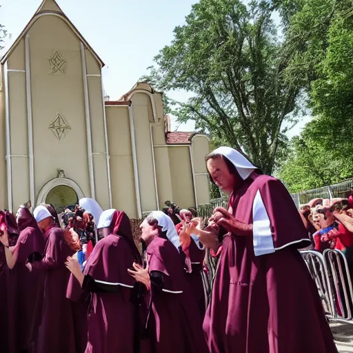 Prompt: Fecal matter sprayed on a crowd of nuns dancing outdoors