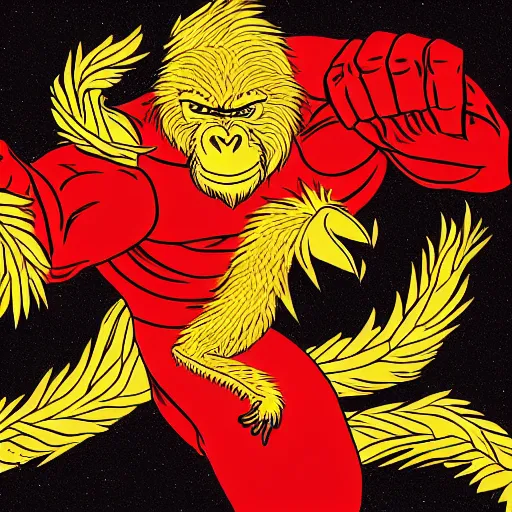 Prompt: a red ape with a golden dragon fist