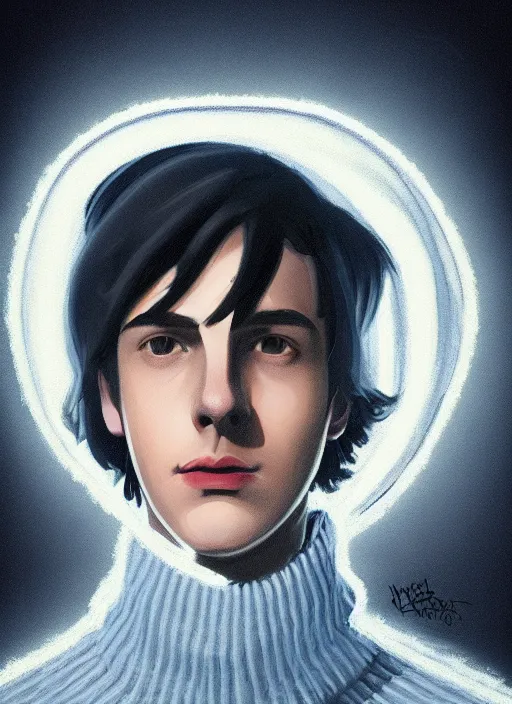 Image similar to portrait of teenage jughead jones wearing a light grey crown, crown, blue turtleneck, 1 9 5 0 s, closed eyes, photorealistic, black hair, glowing lighting, intricate, elegant, glowing lights, highly detailed, digital painting, artstation, concept art, smooth, sharp focus, illustration, art by wlop, mars ravelo and greg rutkowski