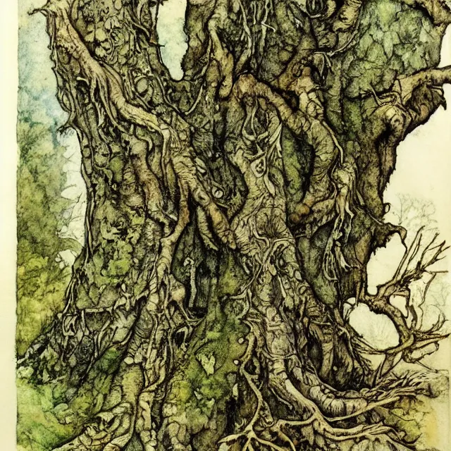 Image similar to a detailed, intricate watercolor and ink portrait illustration with fine lines, of a mossy oak tree, by arthur rackham and edmund dulac and ted nutall