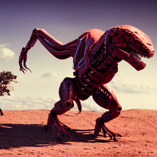 Prompt: still of a cyborg T-Rex on an alien planet, ruby eyes, robotic extended arms, 4k, film grain, 85mm