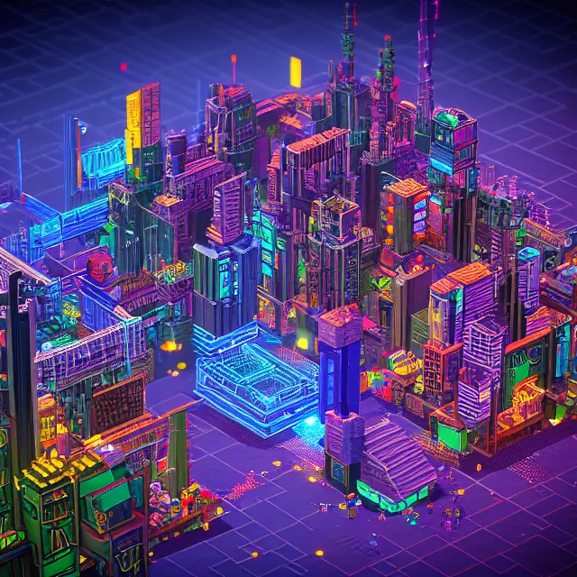 Prompt: voxel art of a cyberpunk blockchain city, chains connecting blocks, blockchain, symmetry, intricate, volumetric lighting, beautiful, rich deep colors masterpiece, sharp focus, ultra detailed, in the style of dan mumford and marc simonetti