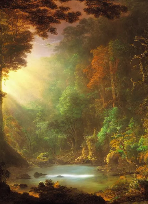 Prompt: a forest oasis, rock pools, harmony of nature, infinite dawn, angelic light, sparkling dew, epic atmosphere, by asher brown durand, by iyoshitaka amano