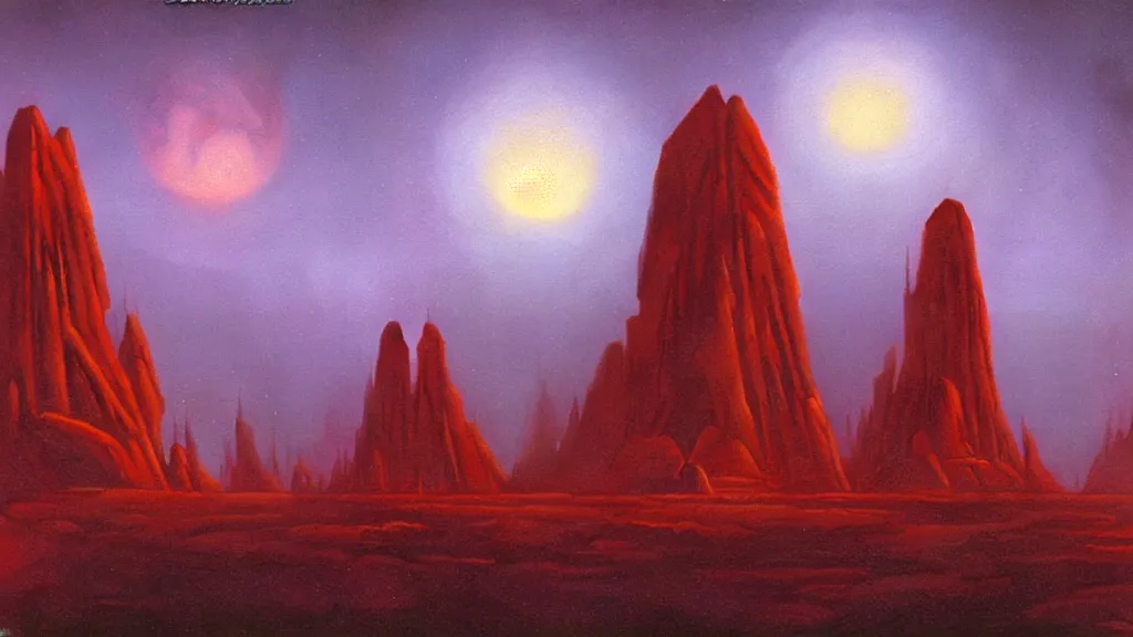 Image similar to mysterious monuments of an alien civilization by paul lehr and john schoenherr, cinematic matte painting