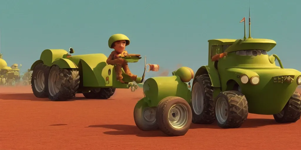 Prompt: cute cartoon little tractor pulling away the russian tank, still from film 2 0 0 1 a space odyssey, wes anderson, cinematic, goro fujita, chiho aoshima, beeple, trending on artstation, highly detailed, scene from a movie, soft lighting, 8 k