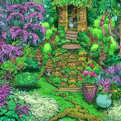 Image similar to intricate detailed Garden, Green Witch Walking her Garden, magical garden plant creatures, enchanted, life like plants, In style of 1992 X-Men: The Animated Series, high detail