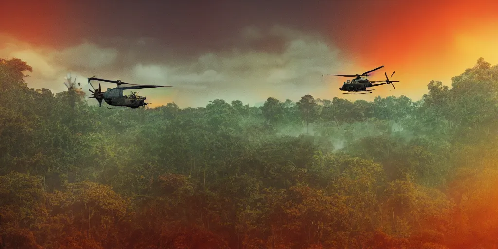 Image similar to Painting of vietnam Huey Helicopters, above a forest, orange sun set, abstract, realism, 8k, detailed, octane render, glow, war