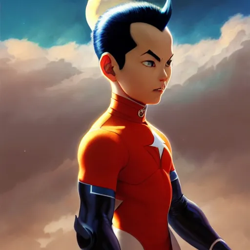 Prompt: wide angle portrait of Astroboy, heroic pose, zenith angle, shadowy area, dramatic, concept art, digital painting, Unreal Engine 5, 8K, art by artgerm and greg rutkowski and alphonse mucha