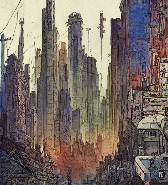 Image similar to a watercolor ink painting of a post - apocalyptic new - york in the style of jean giraud in the style of moebius trending on artstation deviantart pinterest detailed realistic hd 8 k high resolution