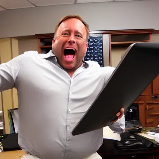 Prompt: a looney goofy photo of alex jones jumping on his desk