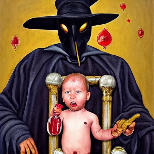 Image similar to hyper realistic painting of a handsome man symmetrical, sitting in a gilded throne, tubes coming out of the man's arm, getting a blood transfusion from a baby. plague doctor in the background created by wes andersson