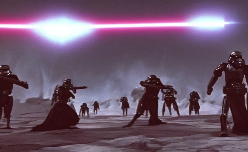 Prompt: iconic cinematic screenshot of imperial empire invasion on sith planet, from the action packed scene from the 8 0 s star wars sci fi film by stanley kubrick, glowing lasers, 4 k uhd, highly detailed scene, phot real, anamorphic lenses 2 4 mm, lens flare, award winning