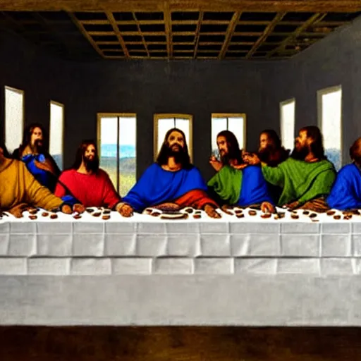 Prompt: Kanye West in the Last Supper painting