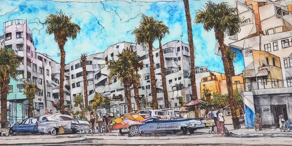 Prompt: street artists. painting of rounded bauhaus buildings in a junction in dizingof center in tel aviv. highly detailed. pen drawing painted with watercolors. colorful. low buildings. palm trees. super realistic. fluffy