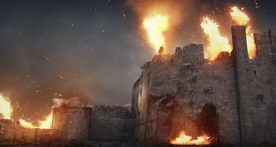 Image similar to tribuchets fireing on a medieval fortress, destroying the walls, fire and explosion, debris flying around, octane render, unreal engine