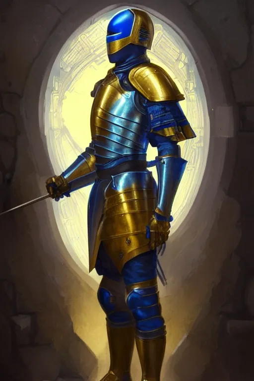 Image similar to medieval knight technological, blue and yellow glow, realistic portrait full body, symmetrical, highly detailed, digital painting, artstation, concept art, smooth, sharp focus, illustration, cinematic lighting, art by artgerm and greg rutkowski and alphonse mucha