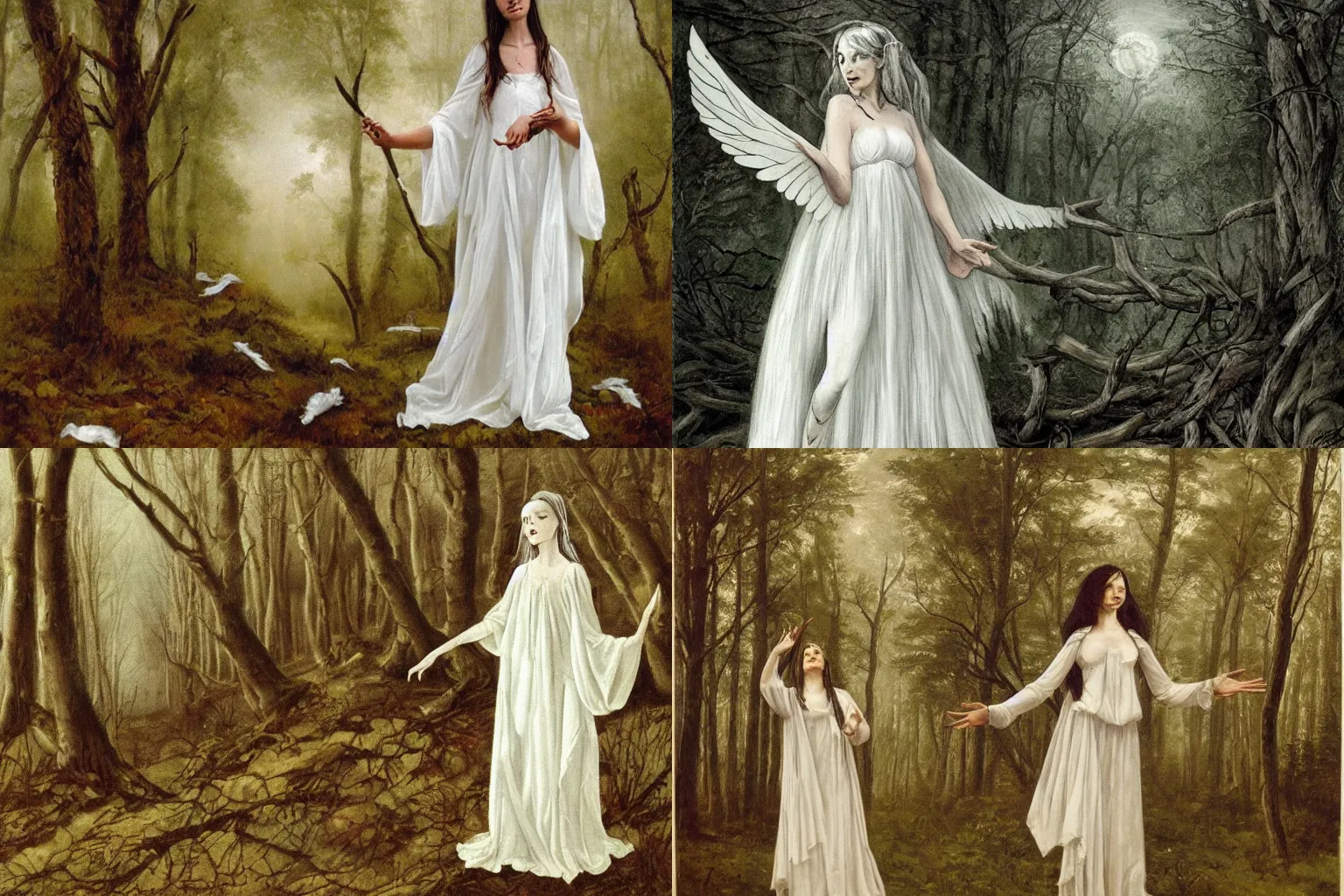 Prompt: a witch in a white dress, with hooves and wings, stands in a gloomy forest and looks at me, centered, high detailed, wikiart