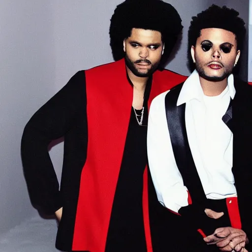 Prompt: the weeknd and michael jackson with red clothes, after hours album cover