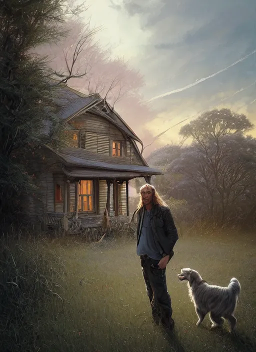 Image similar to highly detailed portrait of a blonde long - haired hillbilly in front of old style house, with his fluffy black and gray australian shepherd, stephen bliss, art by greg rutkowski, loish, rhads, ferdinand knab, makoto shinkai and lois van baarle, tom bagshaw, global illumination, artstation