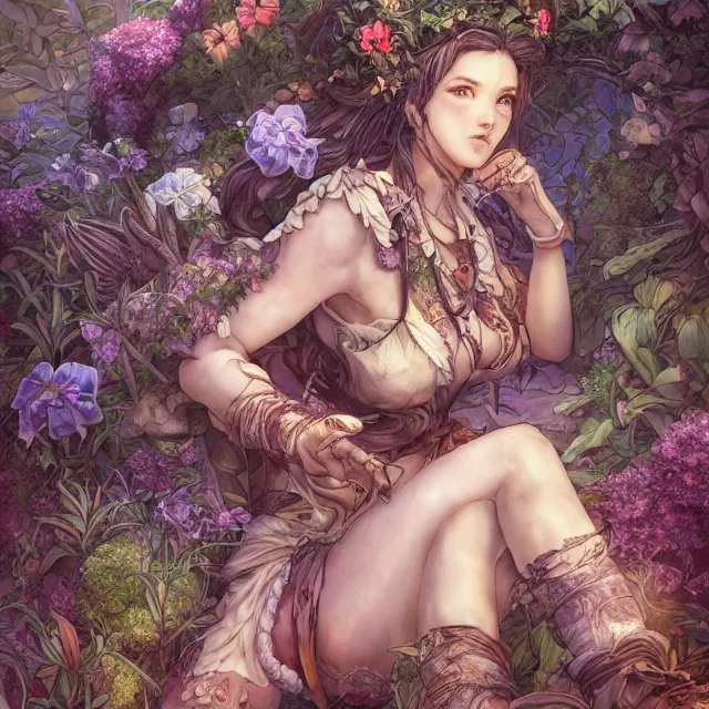 Image similar to the portrait of chaotic good female druid botanist as absurdly beautiful, gorgeous, elegant, young gravure idol, an ultrafine hyperdetailed illustration by kim jung gi, irakli nadar, intricate linework, sharp focus, bright colors, octopath traveler, final fantasy, unreal engine 5 highly rendered, global illumination, radiant light, detailed and intricate environment