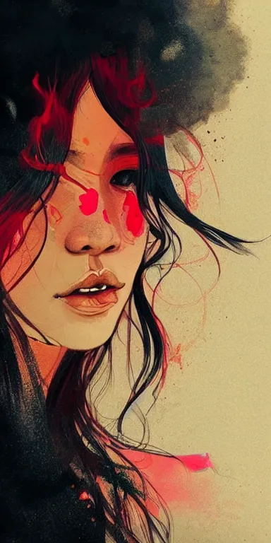 Image similar to candid!! long portrait of a very very beautiful! young filipino woman with narrow face, large eyes and flowing long hair, swirling dreamy smoke and fog is coming from her mouth, face partially obscured, by conrad roset, abstract background, dramatic lighting, trending on artstation