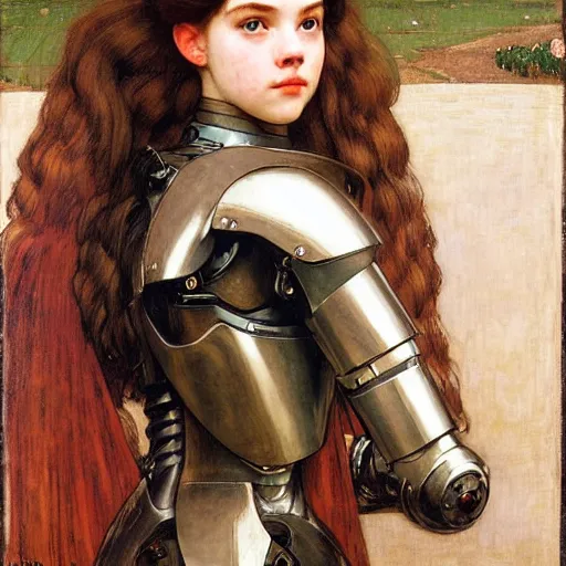 Prompt: a realistic face portrait of a teenage girl who looks like Uma Thurmond and Anya Taylor Joy with an anxious expression and parted lips, wearing mechanical robotic battle armor, by John William Waterhouse, Frederic Leighton, Alphonse Mucha, Edward Burne Jones