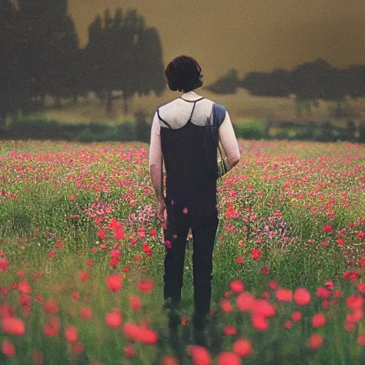 Prompt: kodak portra 4 0 0 photograph of a skinny guy standing in field of flowers, flower crown, back view, moody lighting, moody vibe, telephoto, 9 0 s vibe, blurry background, vaporwave colors, faded!,